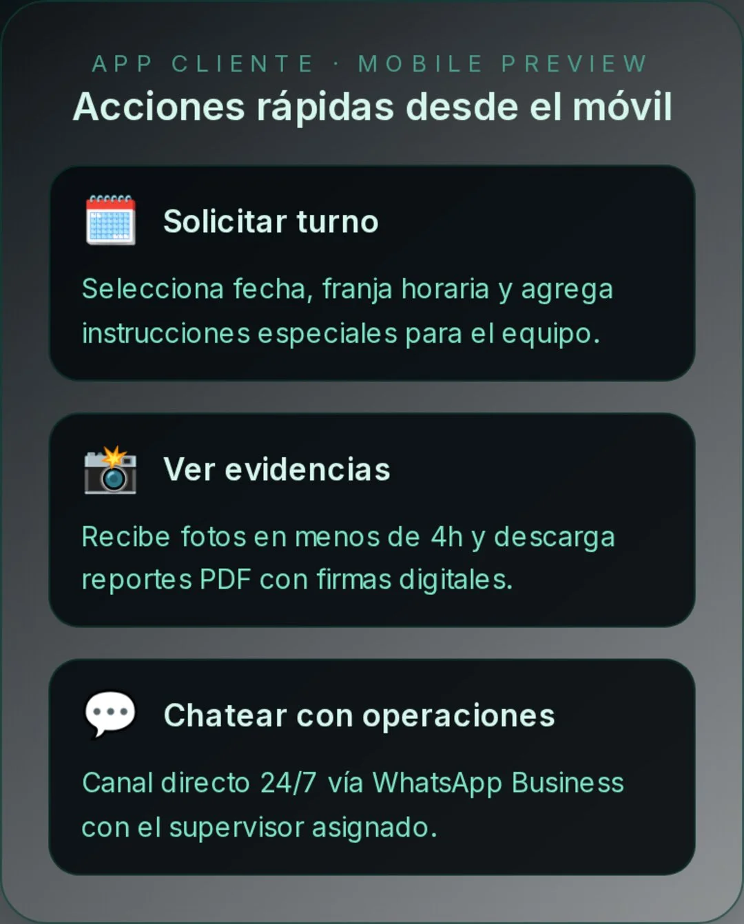 Vista móvil del portal cliente mostrando acciones rápidas